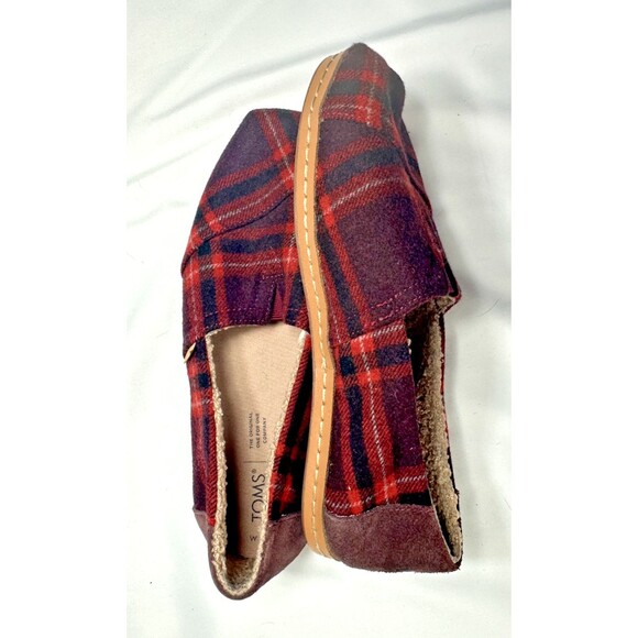 TOMS ALPARGATA LEATHER WRAP BARN RED PLAID SHEARLING LINED SHOES W10 - Picture 5 of 9
